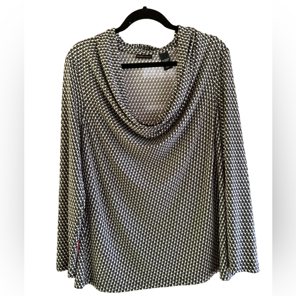 New York & Co. Gray Cream Pattern Long Sleeve Low Cowl Slouch Tunic Top Size XL